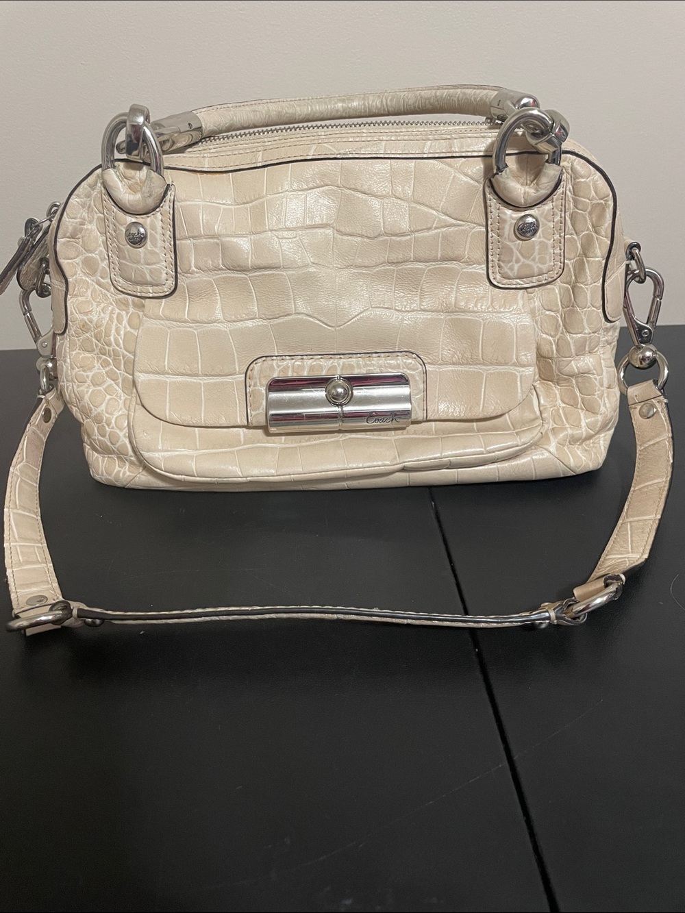 Coach Cream Croc-Embossed Leather Satchel with Silver Hardware